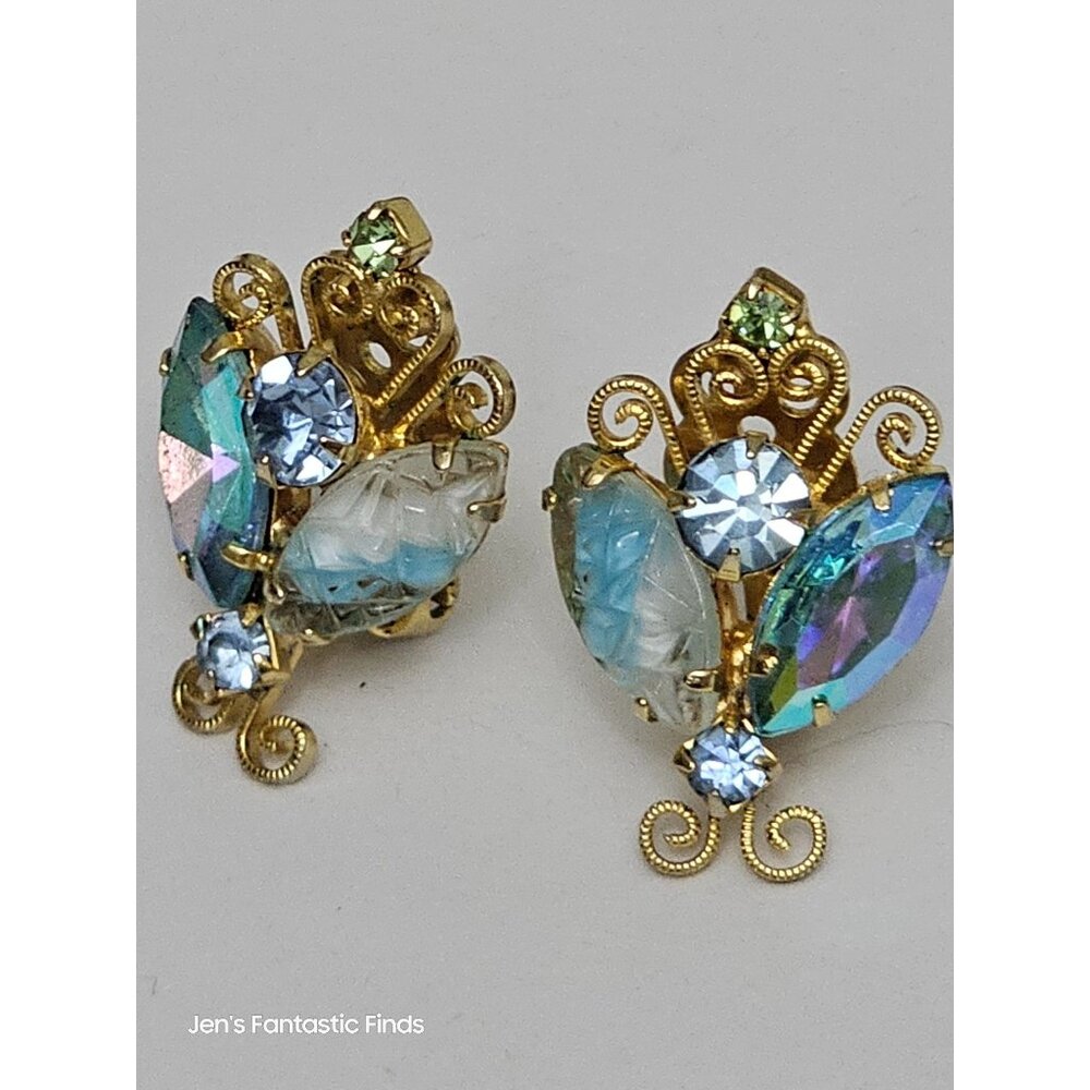 Vintage Juliana Aurora Borealis & Blue Rhinestone Clip-On Earrings‎